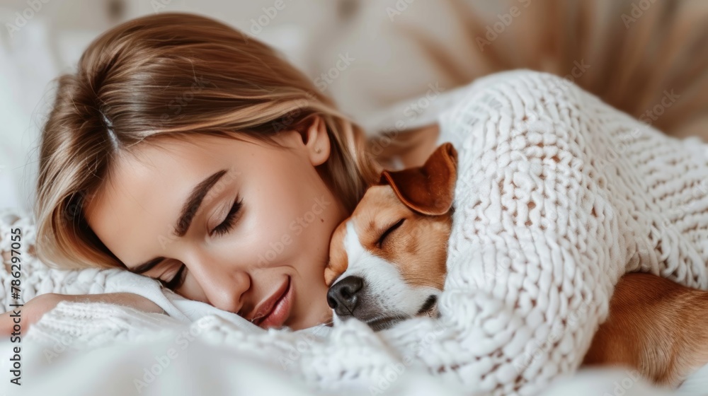 Young woman and dog peacefully sleeping together on a comfortable white bed in a cozy home setting
