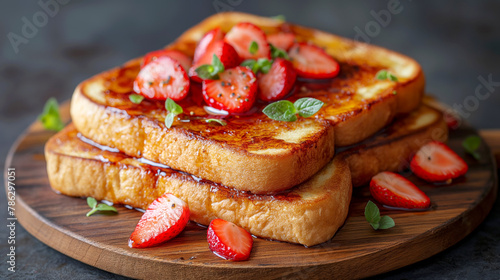 French toast with fresh strawberries and maple syrup