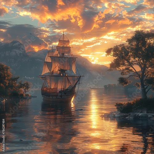 An old, weathered wooden sailing ship anchored in a tranquil bay at sunset, its sails lowered