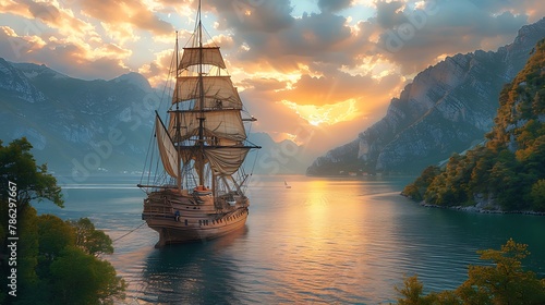 An old, weathered wooden sailing ship anchored in a tranquil bay at sunset, its sails lowered photo