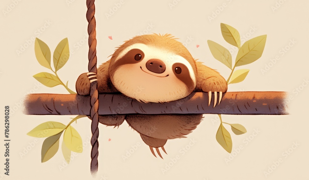 Fototapeta premium cute sloth hanging on a tree branch against a brown background. 