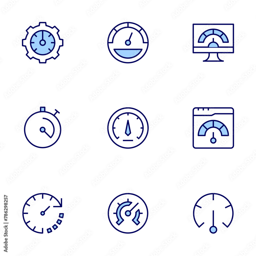 Speedometer icon set. Duo tone icon collection. Editable stroke, speedometer, overload, speed.