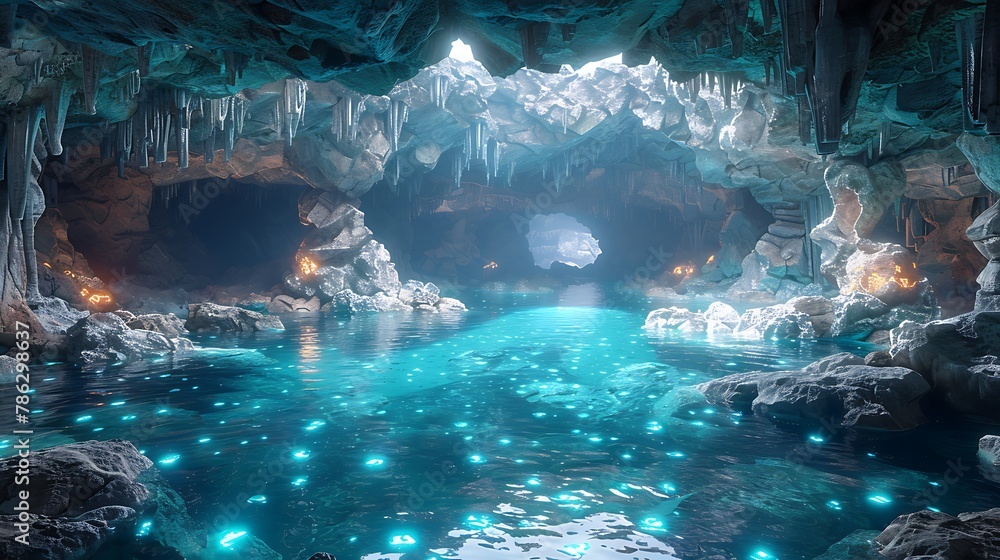 An underground cave filled with glowing bioluminescent mushrooms and crystal-clear pools of water