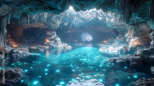 An underground cave filled with glowing bioluminescent mushrooms and crystal-clear pools of water