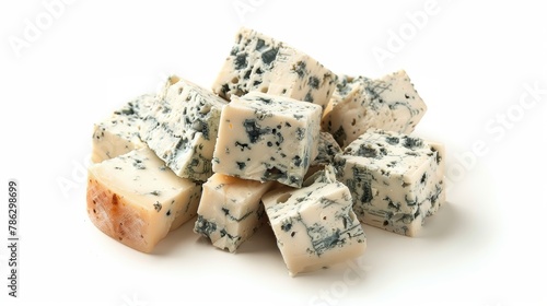 Cubed gorgonzola cheese isolated on a white background
