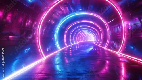 An abstract neon background with laser neon lines moving along a circular dark geometry. A blue purple light spectrum is projected onto the background.