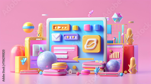 Colorful 3D composition with abstract user interface elements and playful geometric shapes on a pink gradient background

