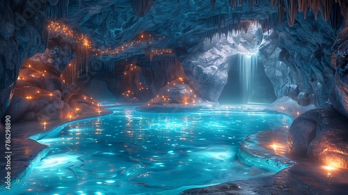 An underground cave filled with glowing bioluminescent mushrooms and crystal-clear pools of water photo