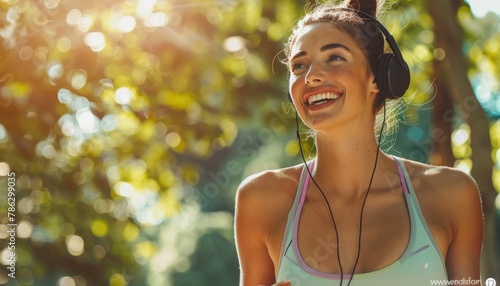Caucasian female athlete enjoying music with headphones while exercising outdoors