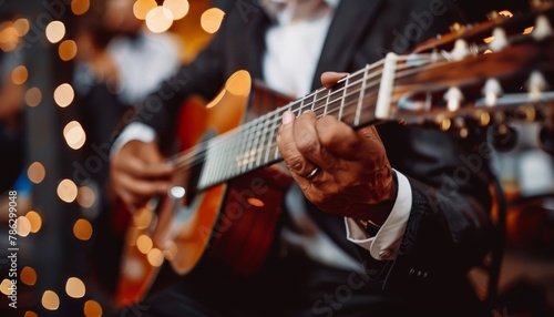 Elderly man in formal attire playing acoustic guitar in a traditional live music performance