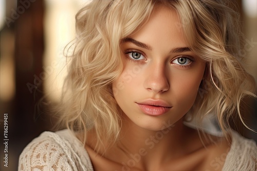 Closeup portrait of young happy woman looking in camera