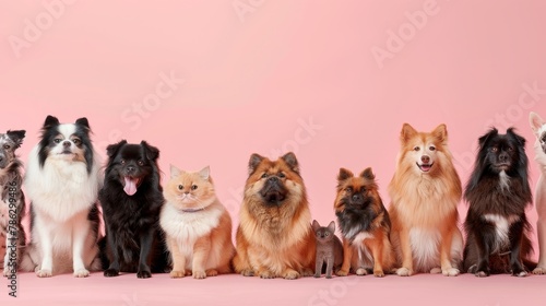 Various pets at veterinary clinic on soft colored background with space for text