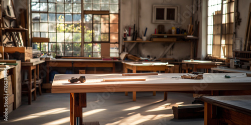A circular economy workshop where community members repair and repurpose old furniture. The workspace is bathed in natural light, casting soft shadows on the tools and materials, s