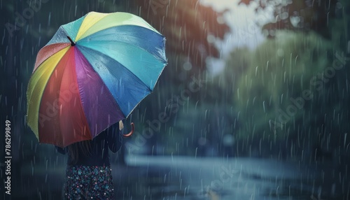 Person holding a bright multicolored umbrella standing under rain amidst the tranquility of an autumn day.