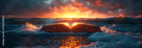 An open book with pages turning in the wind, set against a backdrop of a sunset over the ocean