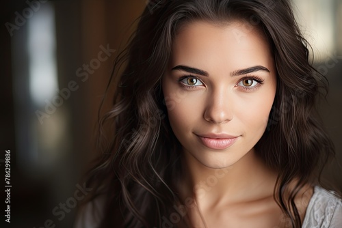 Closeup portrait of young happy woman looking in camera