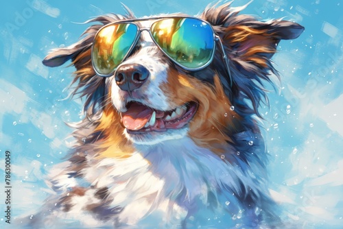 Illustration of an Australian Shepherd dog wearing colorful sunglasses