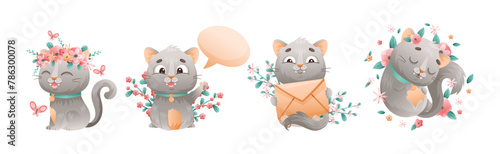 Cute Grey Kitten with Pretty Snout with Flowers Vector Set