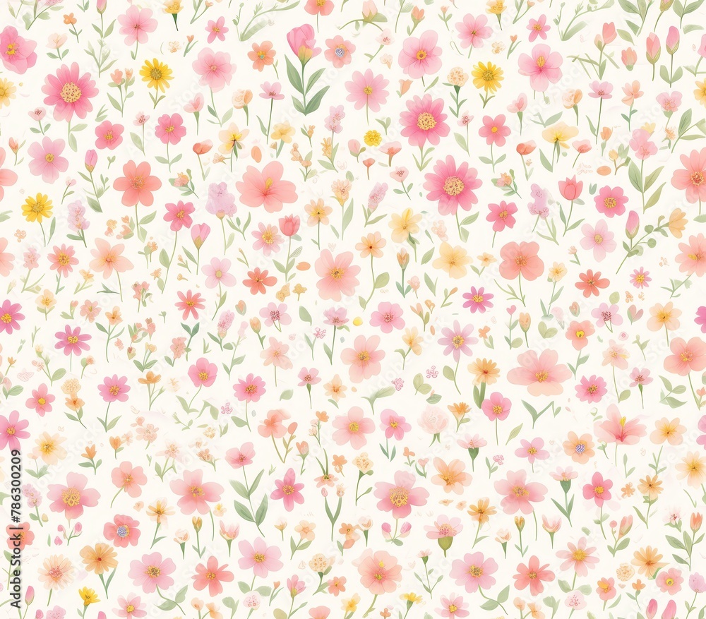 Muted pink, small flowers in lime green and coral on a white background. 