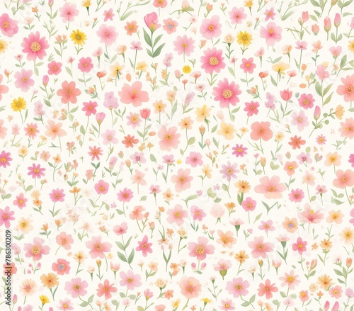 Muted pink, small flowers in lime green and coral on a white background. 