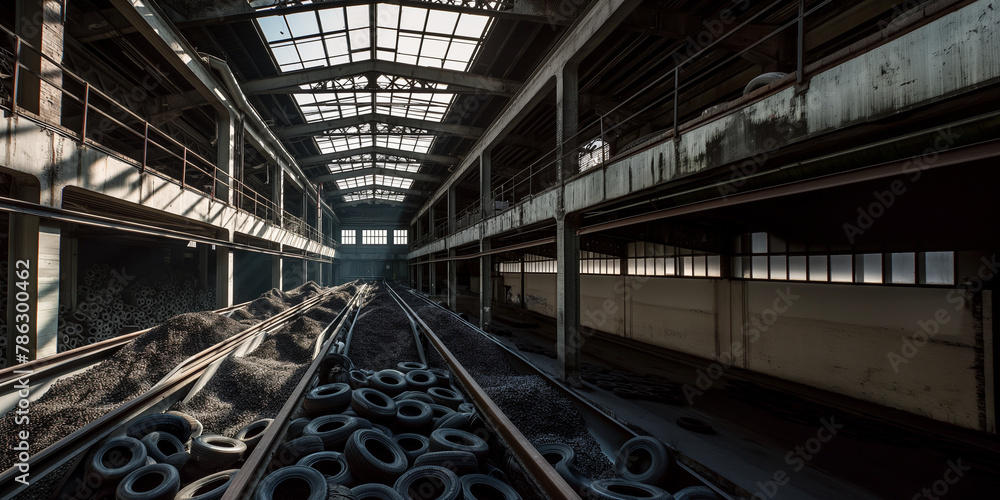 Fototapeta premium A view inside a tire recycling plant, where old tires are processed into rubber mulch. The facility is lit by skylights, with soft shadows underlining the transformation process. ,