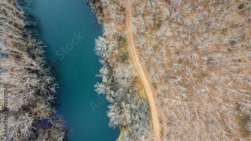 esla river from drone in winter morning next to road