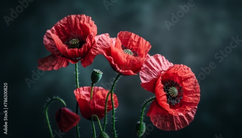 Symbolic red poppies on black background for remembrance, armistice, and anzac day commemorations photo