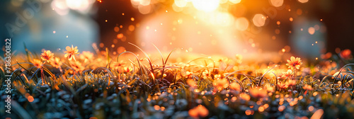 Fresh Morning Dew on Green Grass, Illuminated by Bright Sunlight, Highlighting the Beauty of Natures Details