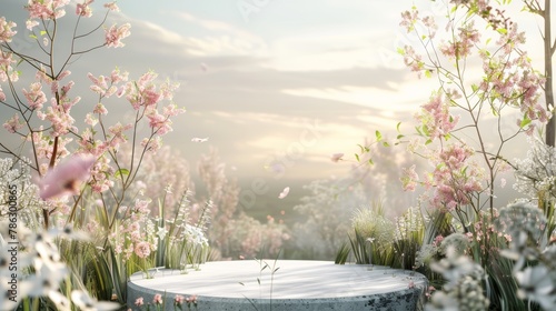 An elegant podium backdrop featuring a spring flower field scene. 3D render.... photo