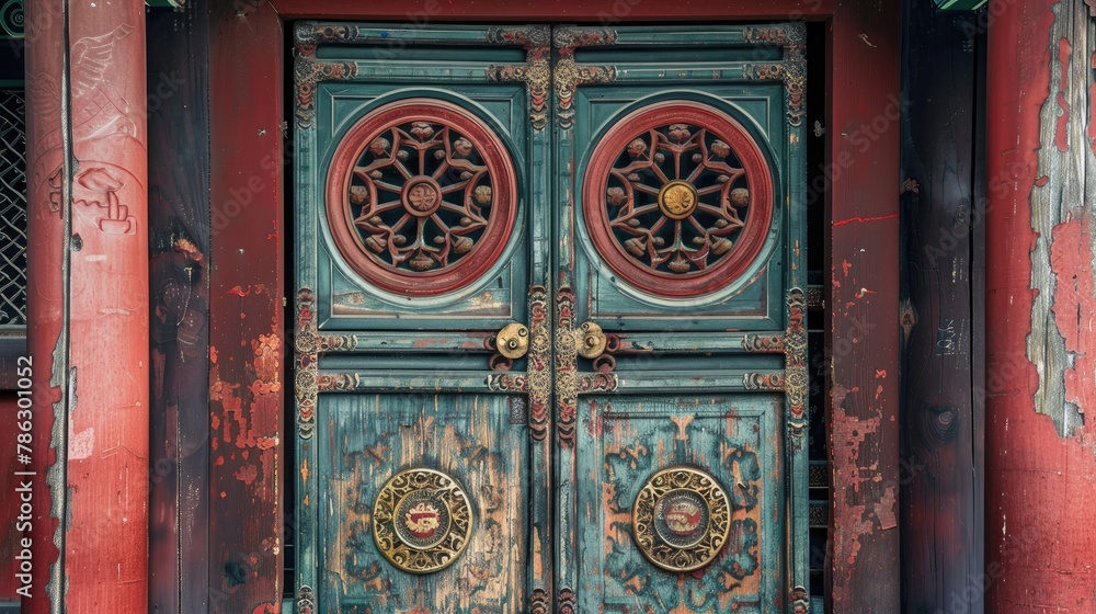 Antique Asian style wooden door with decorative grill for temple shrine entrance Antique Asian style wooden door with decorative grill for temple shrine entrance