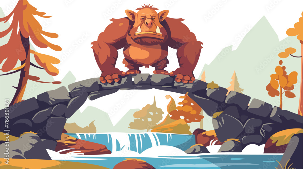 Fearsome troll guarding bridge over rushing river vector
