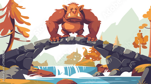 Fearsome troll guarding bridge over rushing river vector