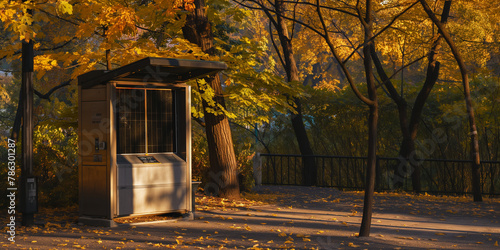 A solar-powered waste compacting station in a public park, with the late afternoon sun casting shadows around the innovative public utility that promotes environmental consciousnes photo