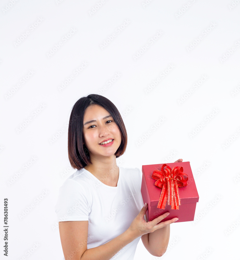 Young woman asian with gift present box on isolated studio white background, gifting for lady birthday,Shopping and sale,celebration,vintage party and overjoyed emotions, portrait young woman concept. Young woman asian with gift present box on isolated studio white background, gifting for lady birthday,Shopping and sale,celebration,vintage party and overjoyed emotions, portrait young woman concept.