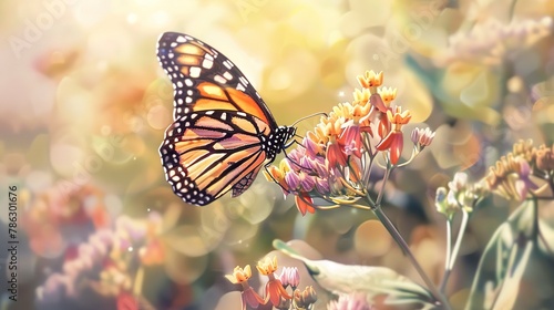 Watercolor, Butterfly on native plant, close up, side view, natural sunlight