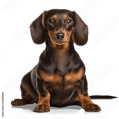 Portrait of adorable dachshund puppy obediently sits and waits, isolated on white background © PNG FOR YOU