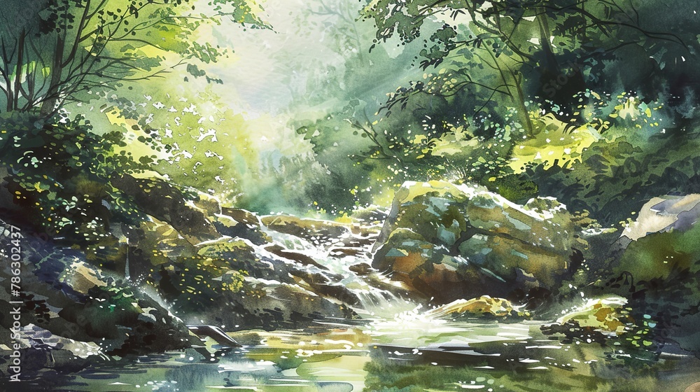 Fototapeta premium Watercolor mountain stream, vibrant greens, eye-level view, morning light