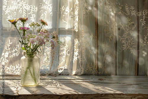 Morning Light Wildflowers in a Mason Jar Bask in the Sun's Caress by a Lace-Curtained Window