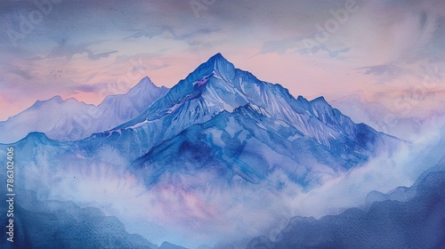 Misty mountain peak at dusk in watercolor, high angle, ethereal glow
