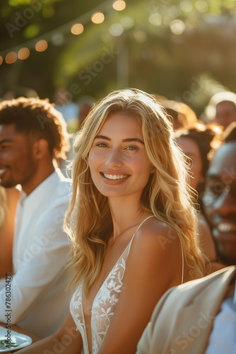 Lovely and smiling bride during the outdoor reception