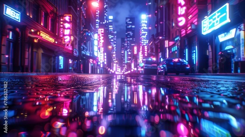 This is a rendering of a neon city with light reflecting off puddles on the street heading towards the buildings. The scene is intended to promote nightlife and business district centers (CBDs). © Zaleman