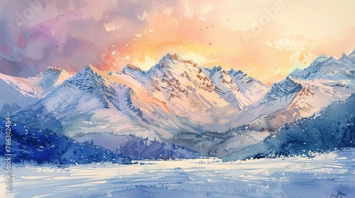 Snow-capped mountains in watercolor, warm sunset hues, panoramic view