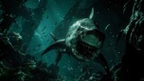 A close-up encounter with a menacing shark amidst the ruins of an underwater kingdom