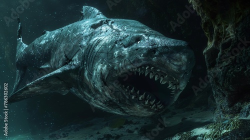 Majestic ancient shark with a cavernous mouth in an underwater grotto evoking primal fear