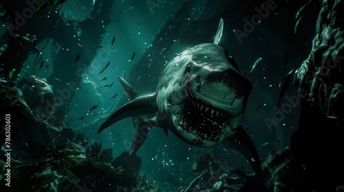A close-up encounter with a menacing shark amidst the ruins of an underwater kingdom