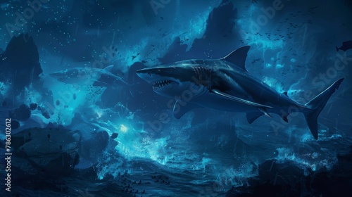 Gleaming shark gliding thro...