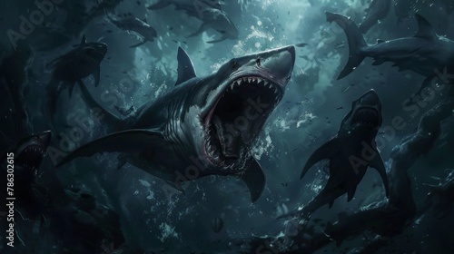 Monstrous shark dominating an underwater realm with a swarm of marine life in haunting depths