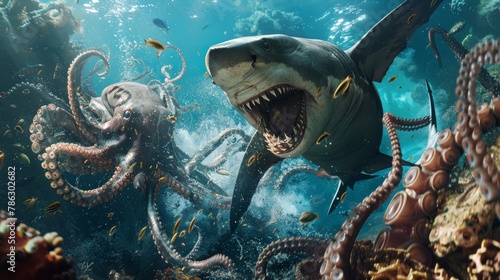 Epic underwater showdown of shark versus octopus among a flurry of marine life
