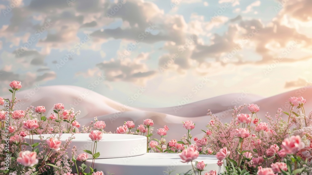 Beautiful nature podium backdrop featuring a field of spring roses. Rendering in 3D.