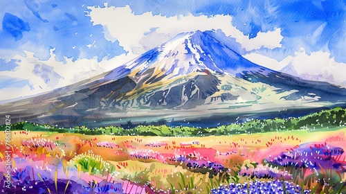 Watercolor Mount Fuji with fields of purple flowers, sunny day, vibrant colors  © Thanthara